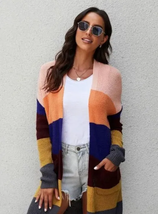 Abigail Color Block Open Front Oversized Knit Cardigan