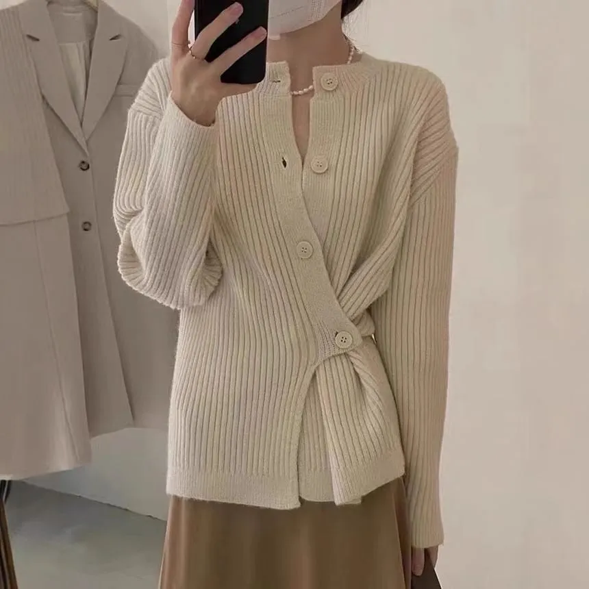 Asymmetrical Ribbed-Knit Round-Neck Cardigan in 5 Colors