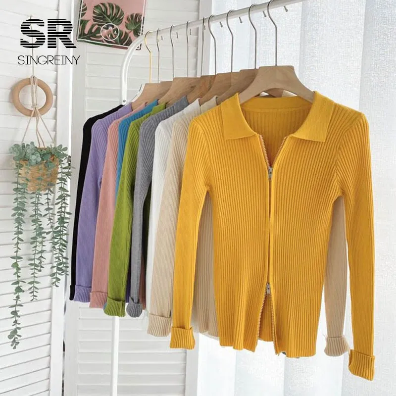 Autumn Zipper Knitted Sweater Women Turndown-Collar Long Sleeve Elastic Tops
