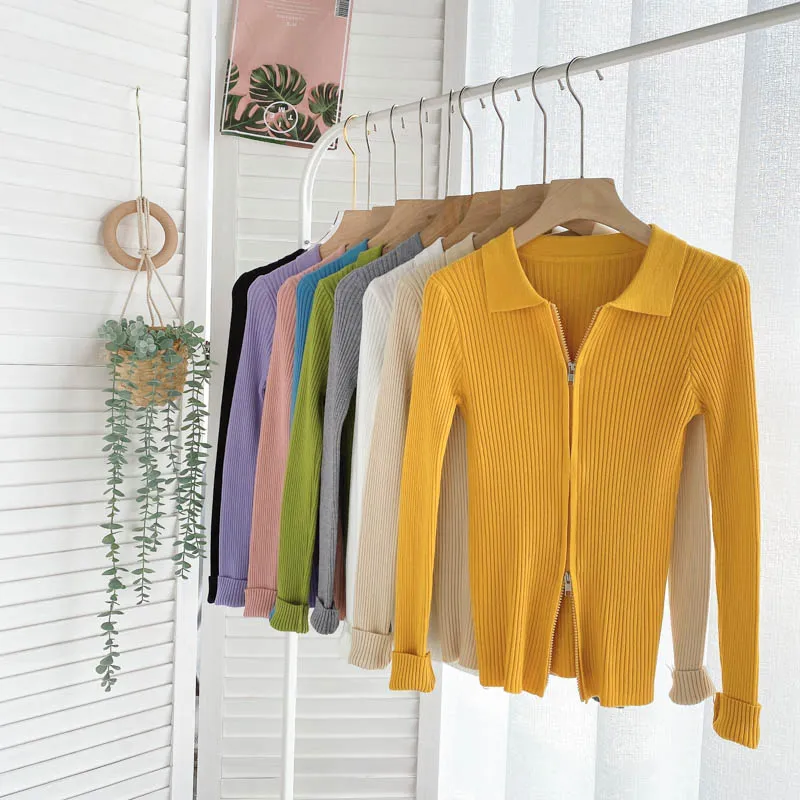 Autumn Zipper Knitted Sweater Women Turndown-Collar Long Sleeve Elastic Tops