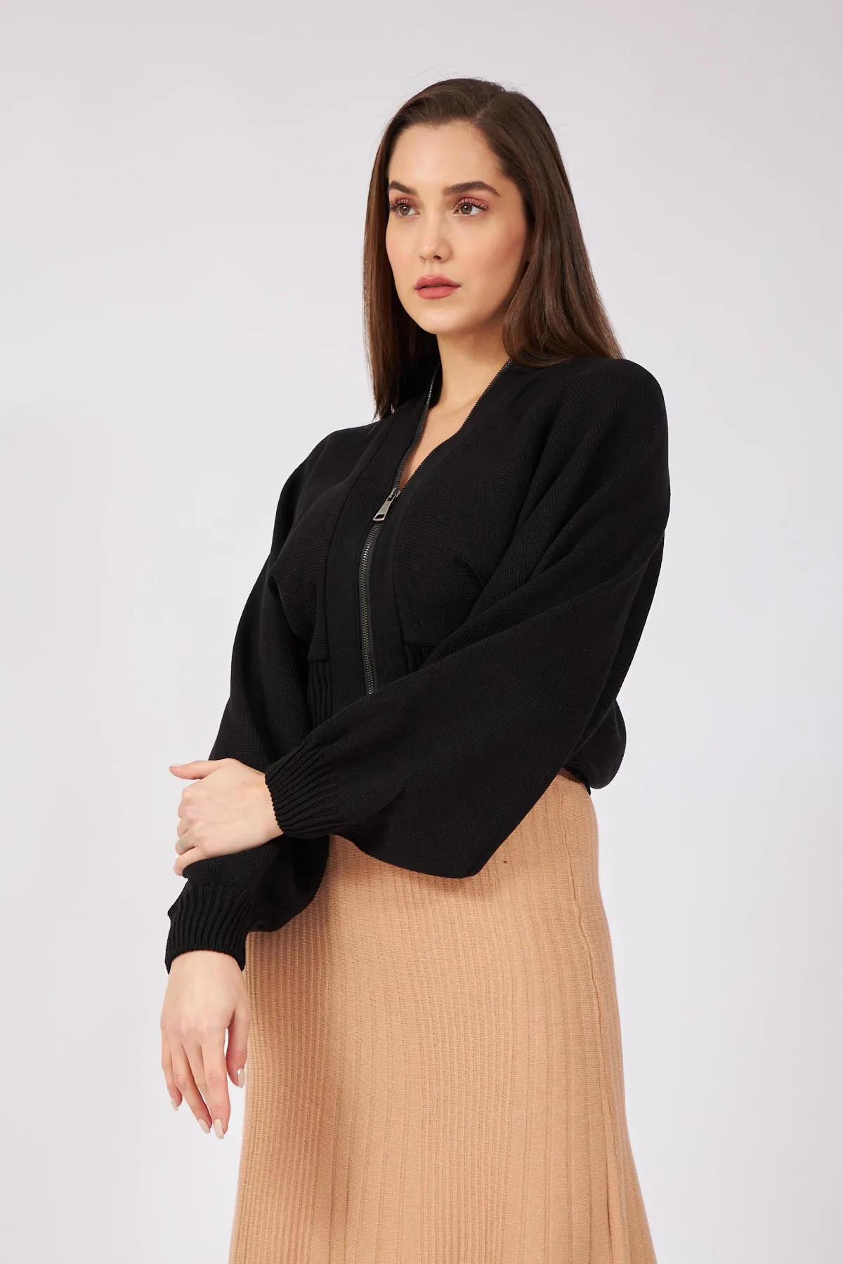 Black Bat Sleeve Zippered Design Cardigan
