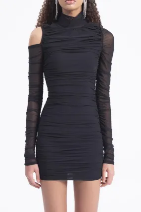 Black High Neck Draped Tulle Dress
