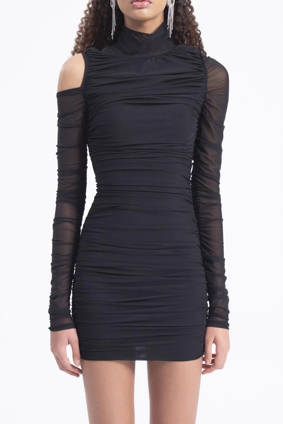 Black High Neck Draped Tulle Dress