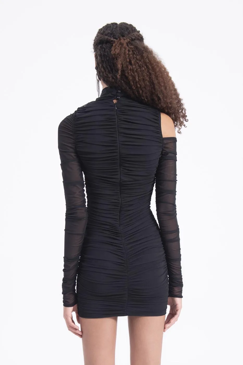 Black High Neck Draped Tulle Dress