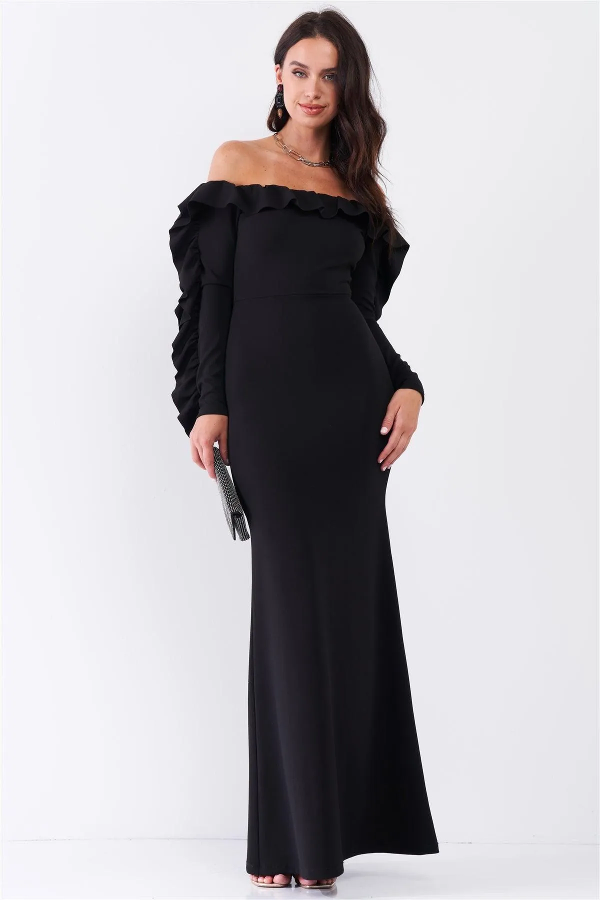 Black Off-The-Shoulder Ruffle Trim Detail Long Sleeve Fitted Maxi Dress /2-2-2