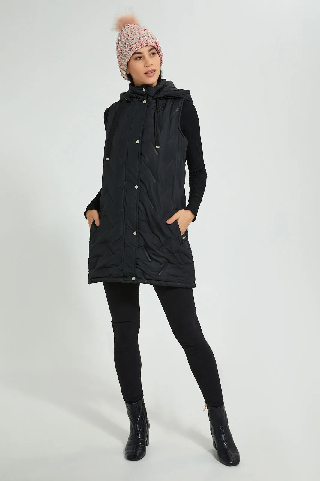 Black Sleeveless Quilted Jacket With Hoodie