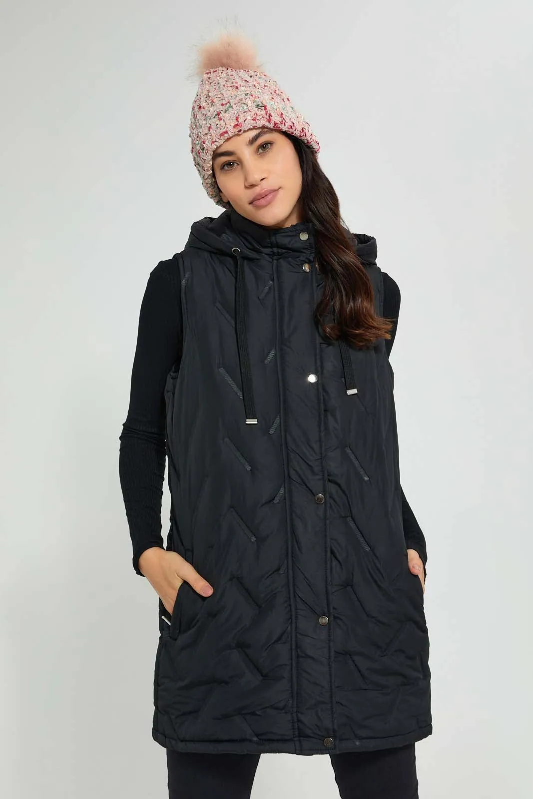 Black Sleeveless Quilted Jacket With Hoodie