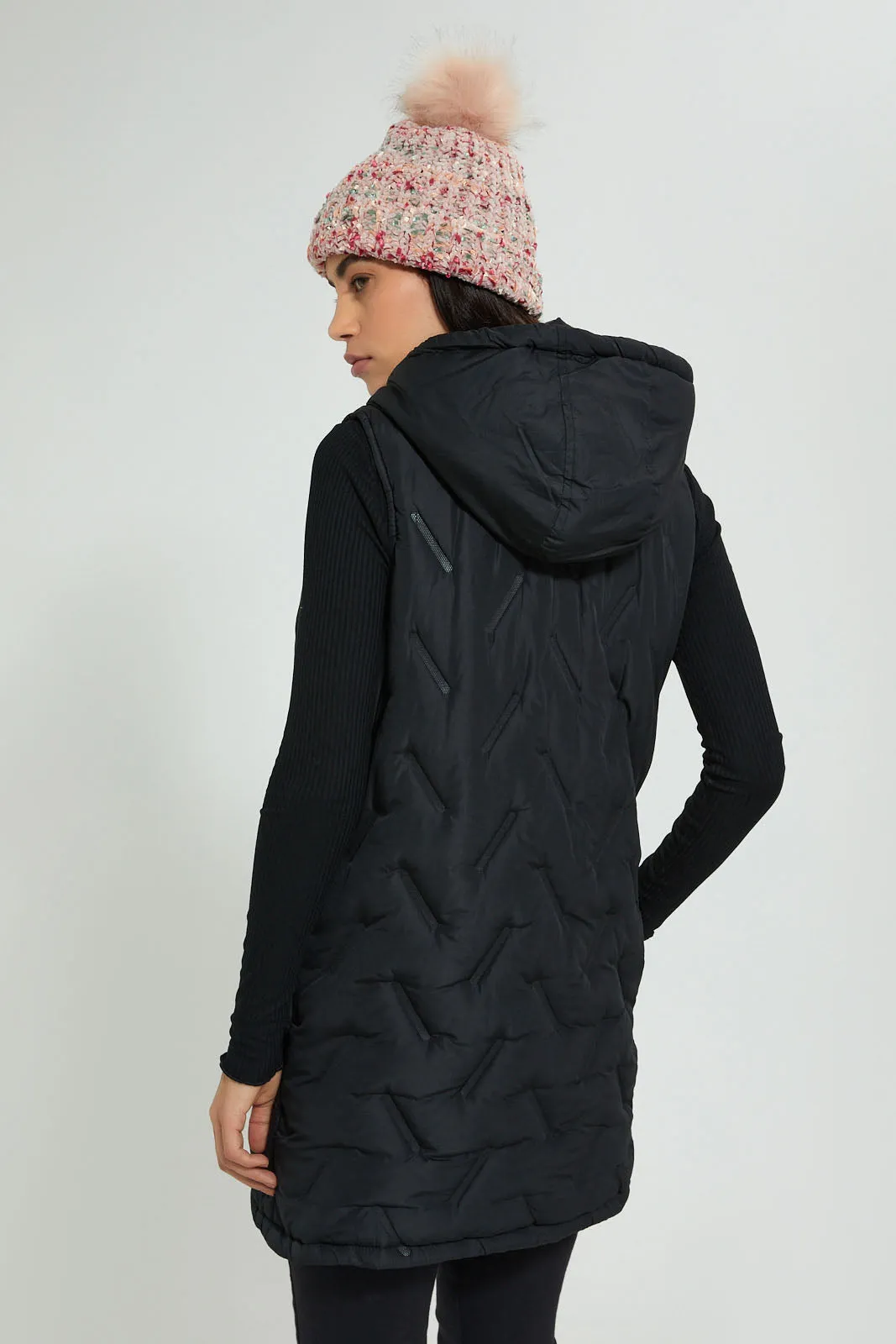 Black Sleeveless Quilted Jacket With Hoodie