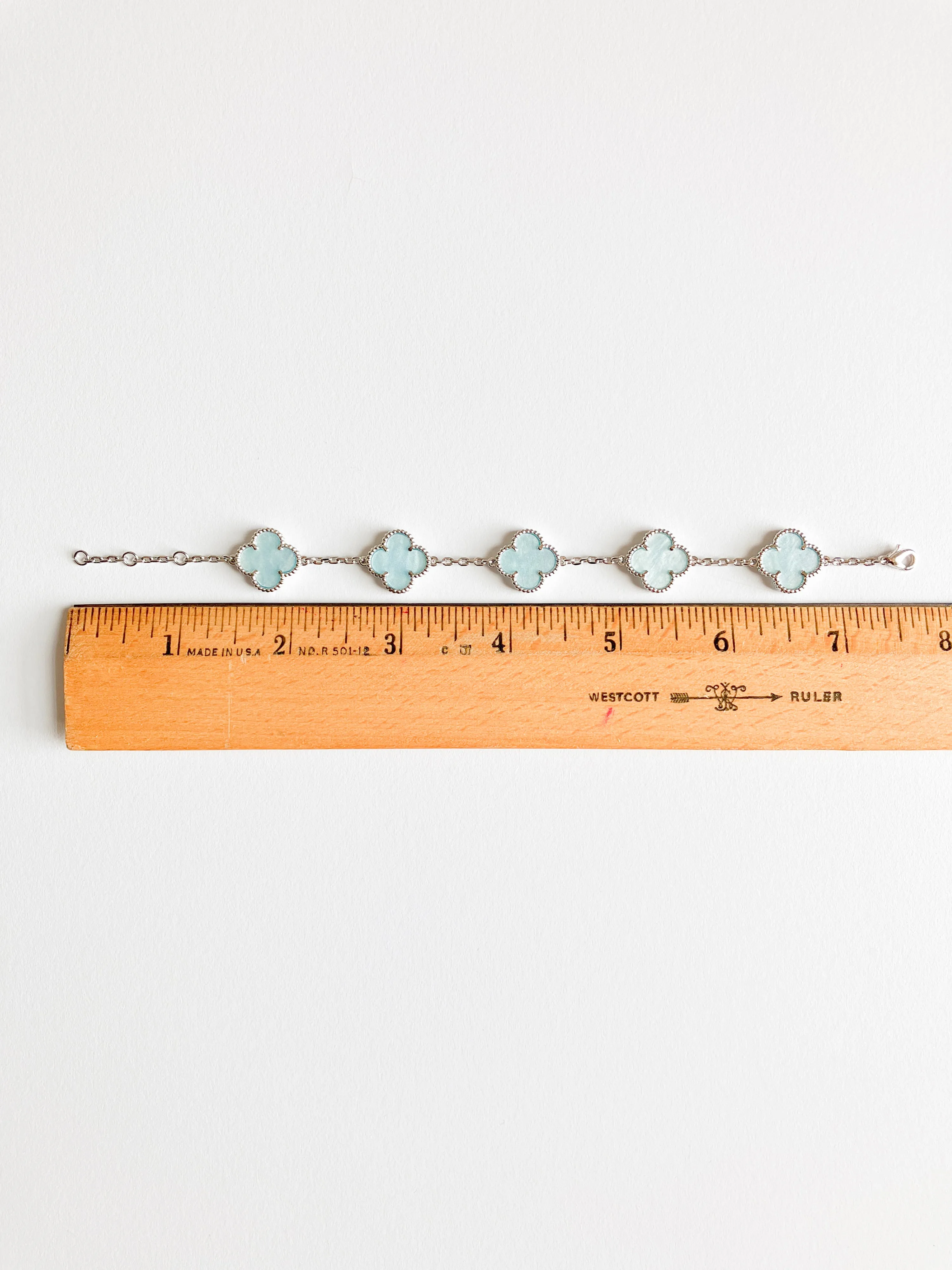 Blue Mother of Pearl Quatrefoil Bracelet in Silver