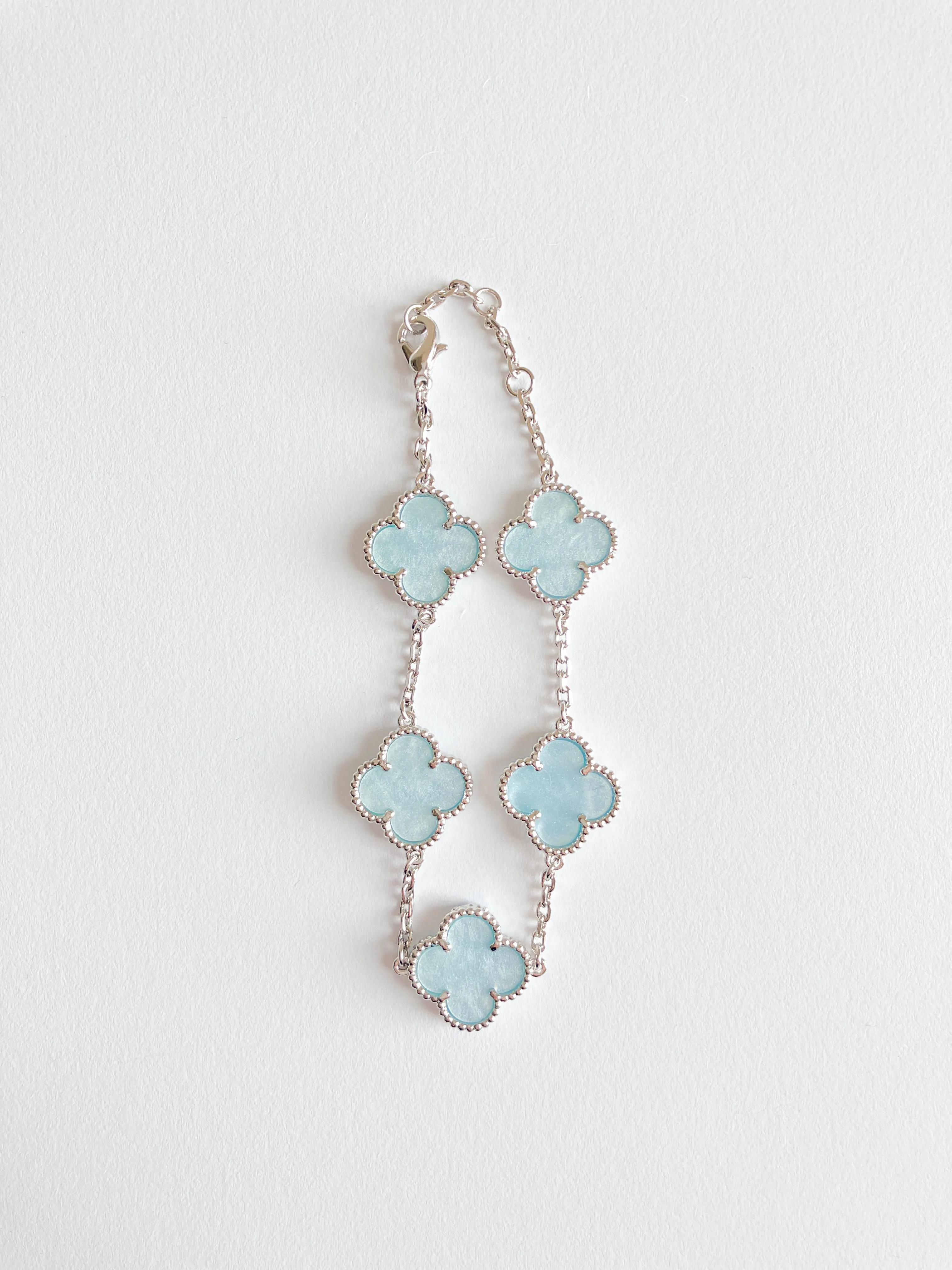 Blue Mother of Pearl Quatrefoil Bracelet in Silver