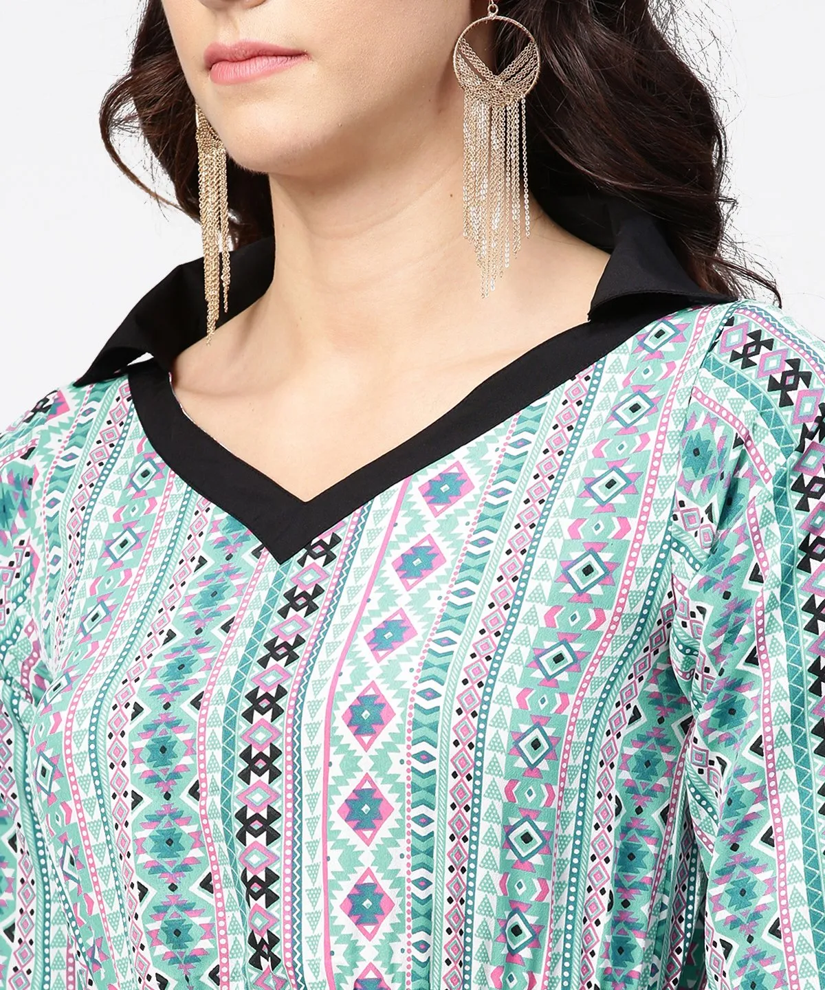 Blue Printed 3/4Th Sleeve A-Line Dress