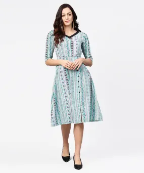 Blue Printed 3/4Th Sleeve A-Line Dress