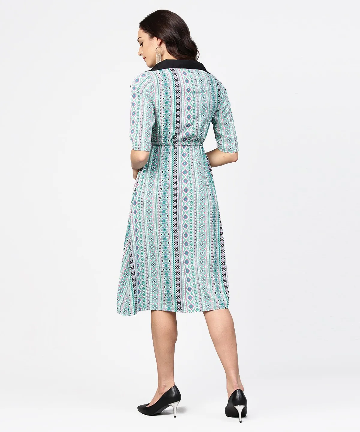 Blue Printed 3/4Th Sleeve A-Line Dress