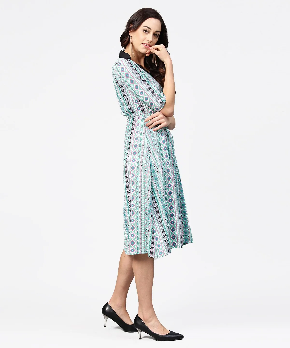 Blue Printed 3/4Th Sleeve A-Line Dress