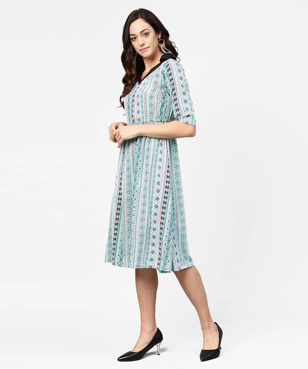 Blue Printed 3/4Th Sleeve A-Line Dress