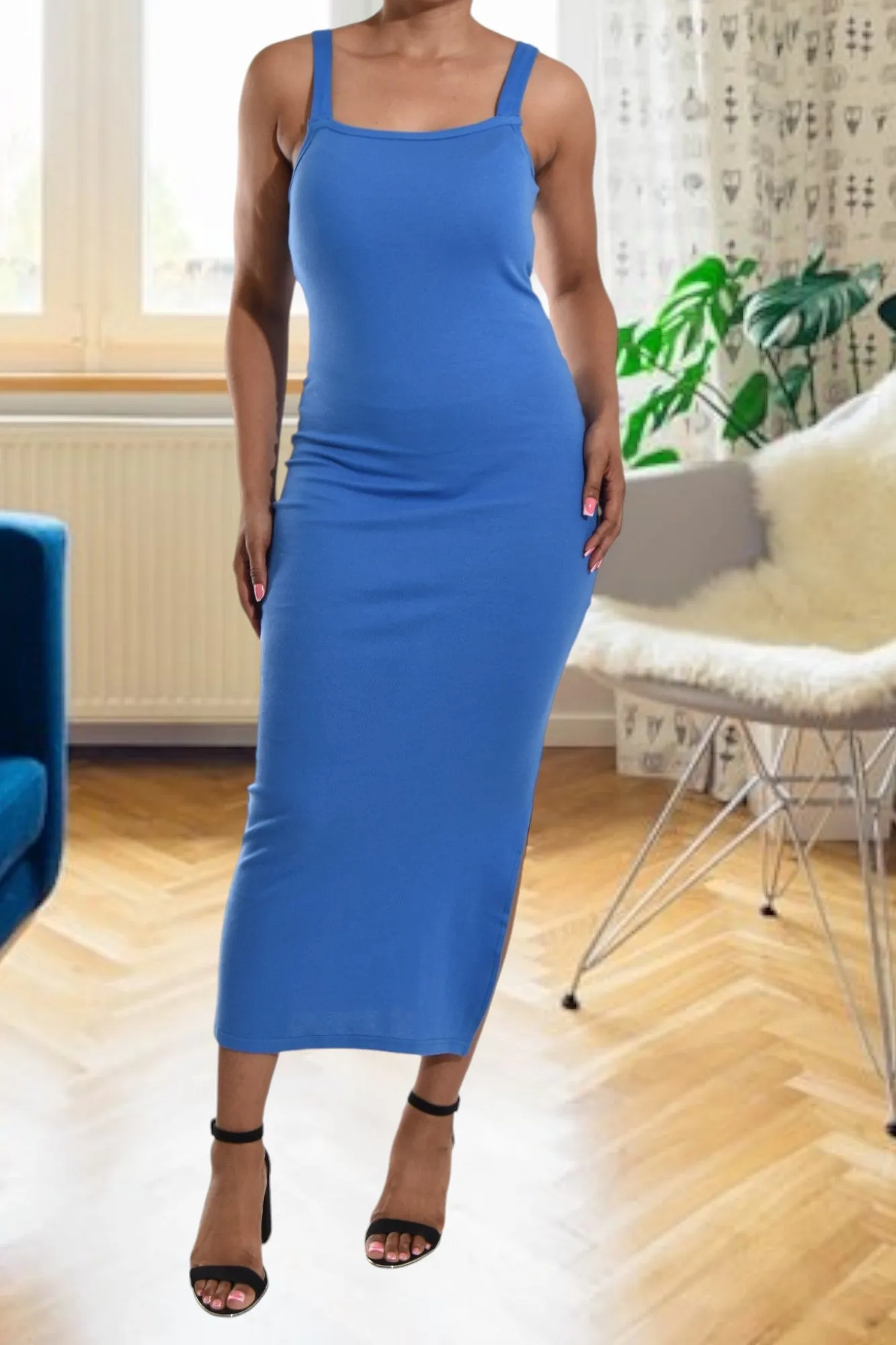 Blue Rib Bodycon Slit Dress