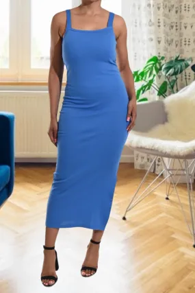 Blue Rib Bodycon Slit Dress