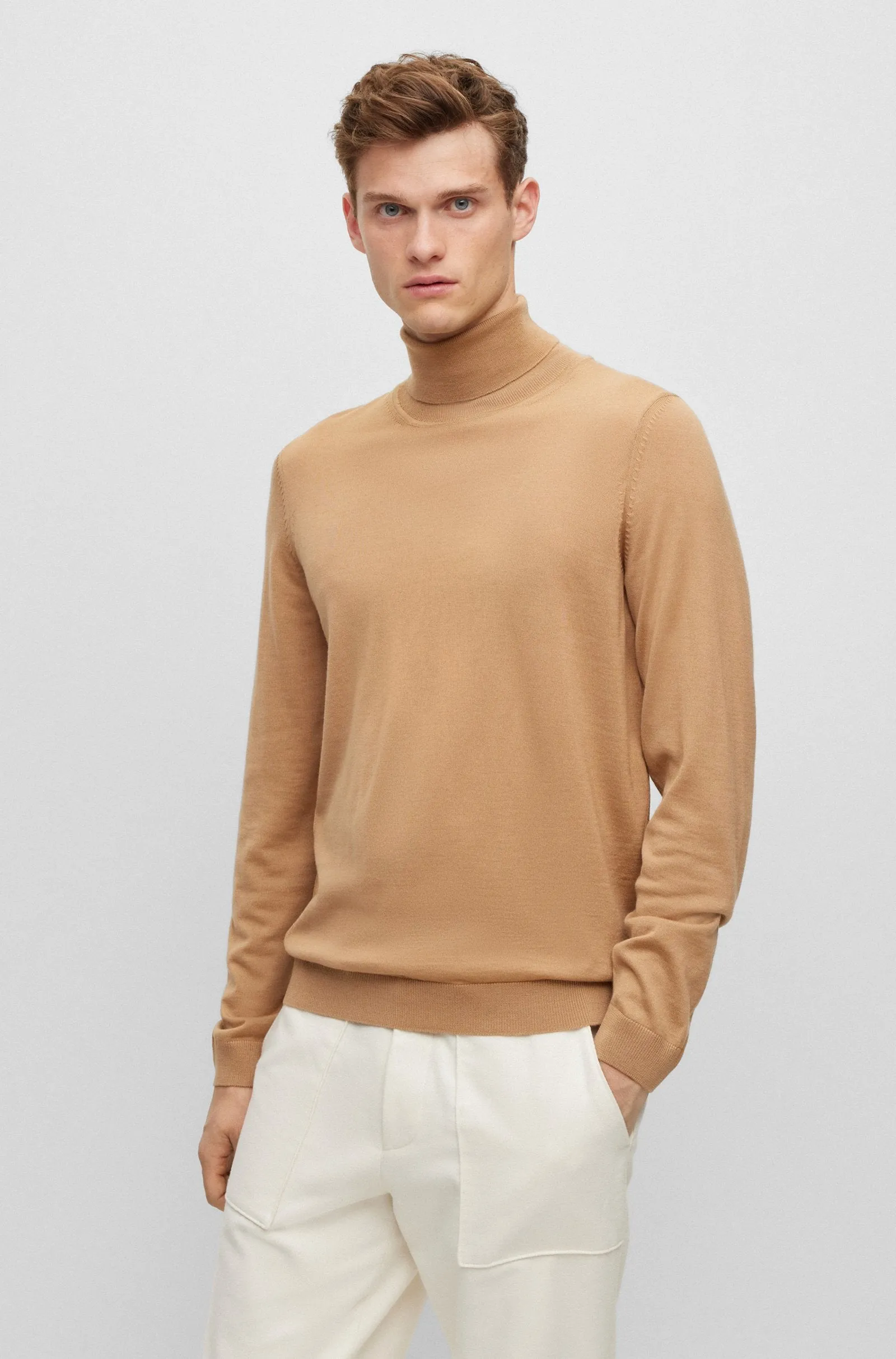 Boss Slim-Fit Rollneck Virgin Wool Sweater - Beige