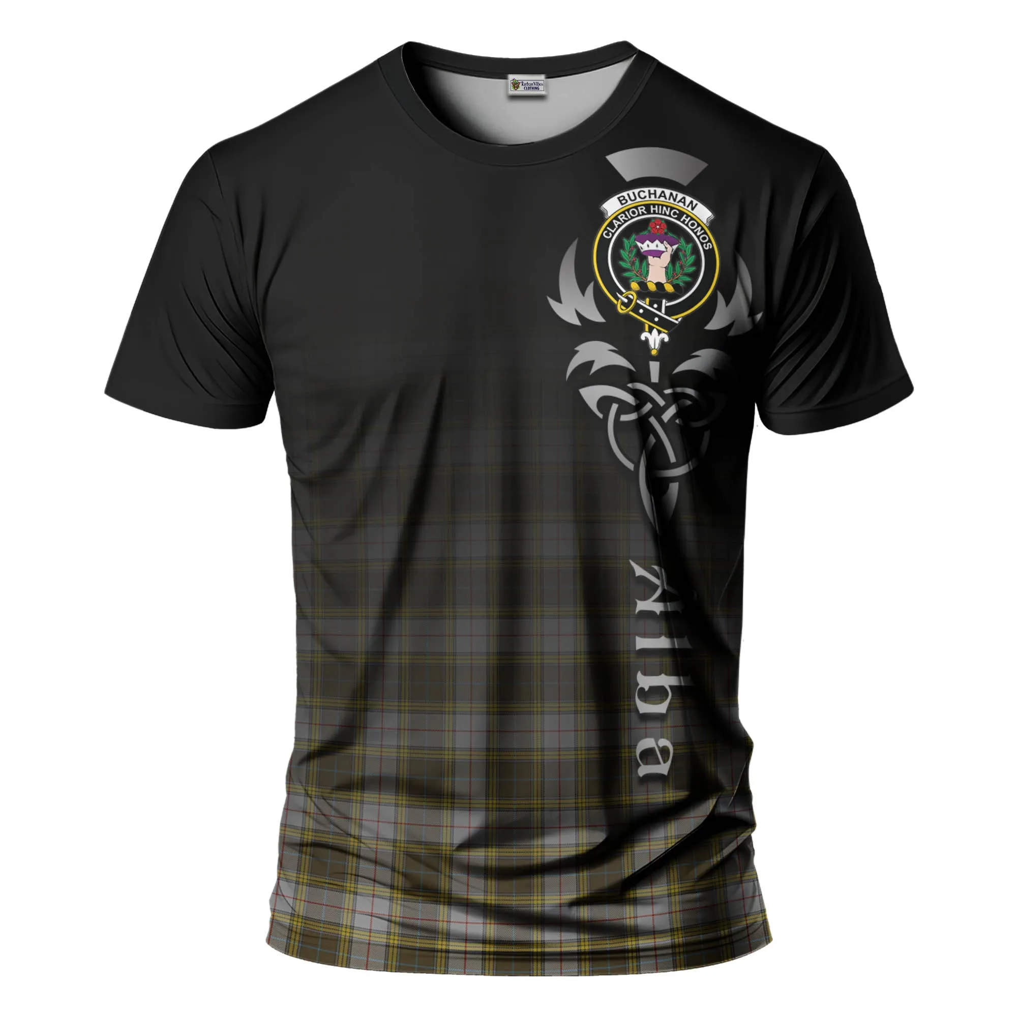 Buchanan Dress Tartan T-Shirt Featuring Alba Gu Brath Family Crest Celtic Inspired