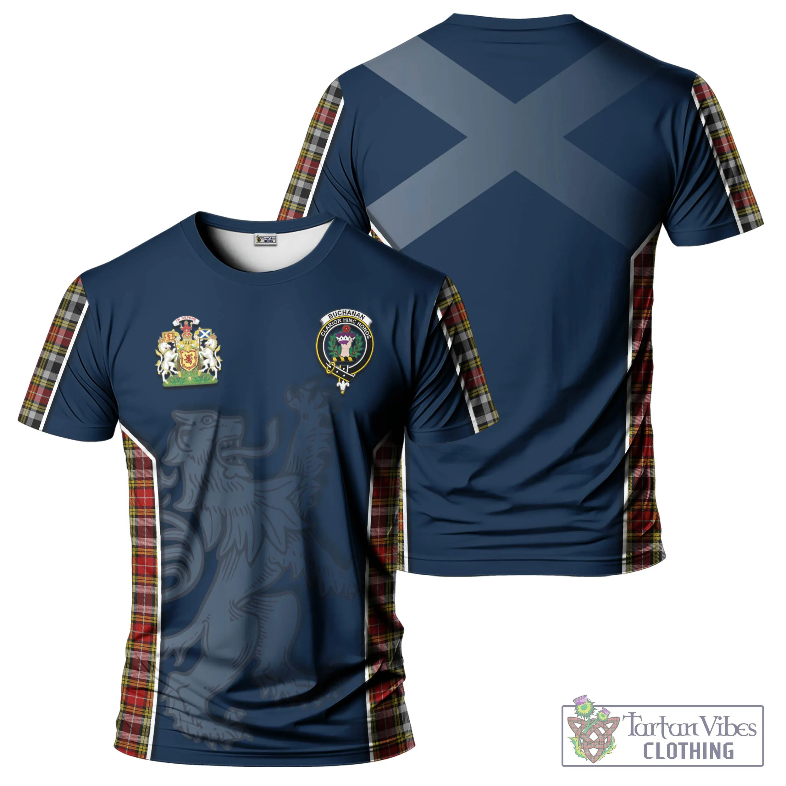 Buchanan Old Dress Tartan T-Shirt with Family Crest and Lion Rampant Vibes Sport Style