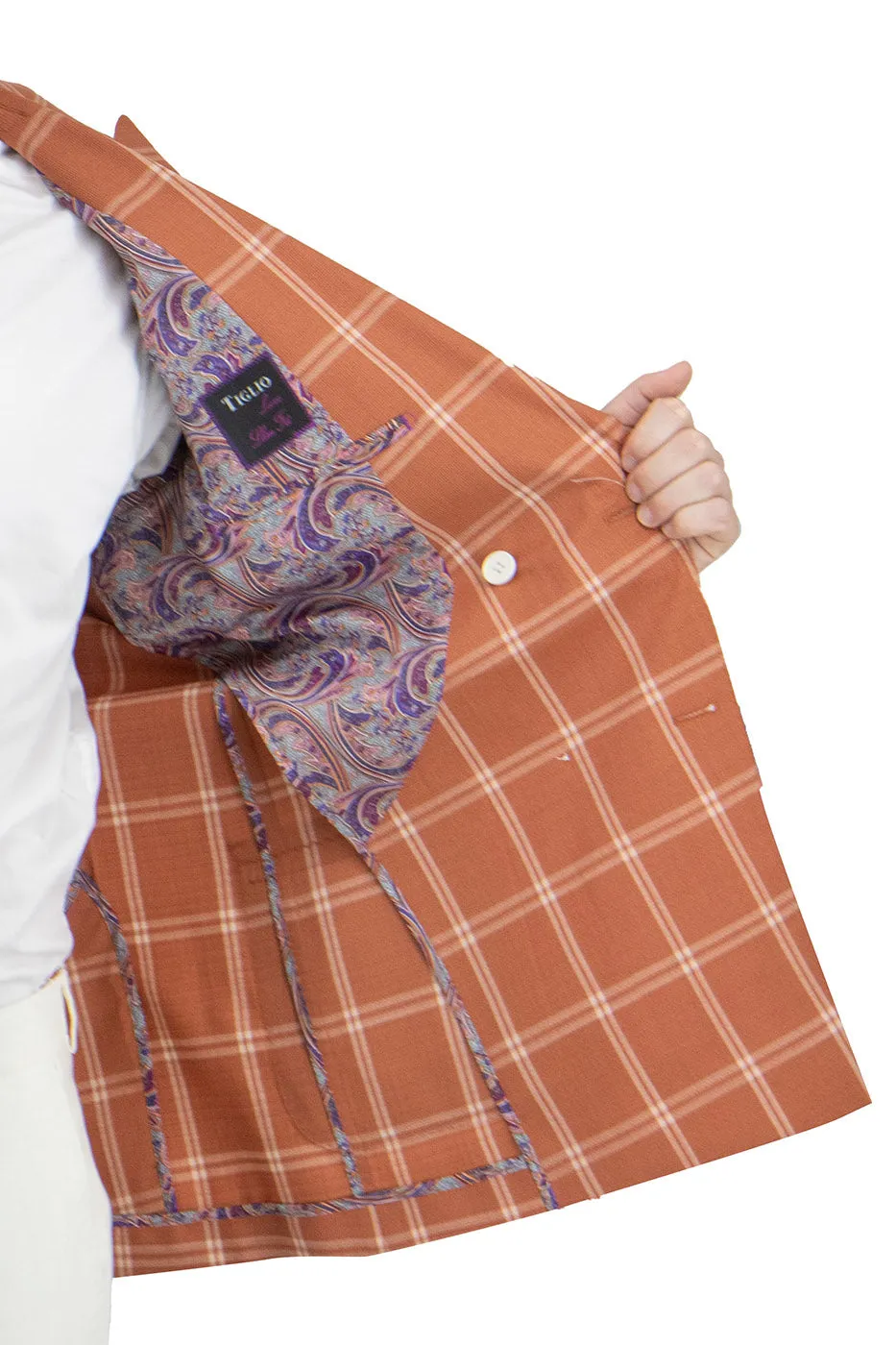 Burnt Orange With Off White Windowpane Santorini /THP Slim Fit Half Lined, Pure Wool Jacket by Tiglio Luxe