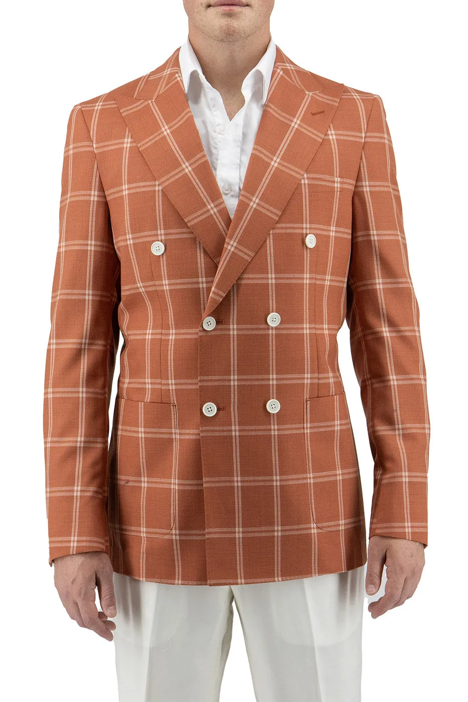 Burnt Orange With Off White Windowpane Santorini /THP Slim Fit Half Lined, Pure Wool Jacket by Tiglio Luxe