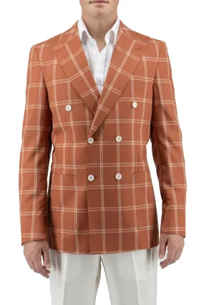 Burnt Orange With Off White Windowpane Santorini /THP Slim Fit Half Lined, Pure Wool Jacket by Tiglio Luxe