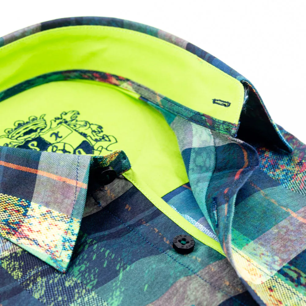 Button Down Print Shirt W/Green Trim