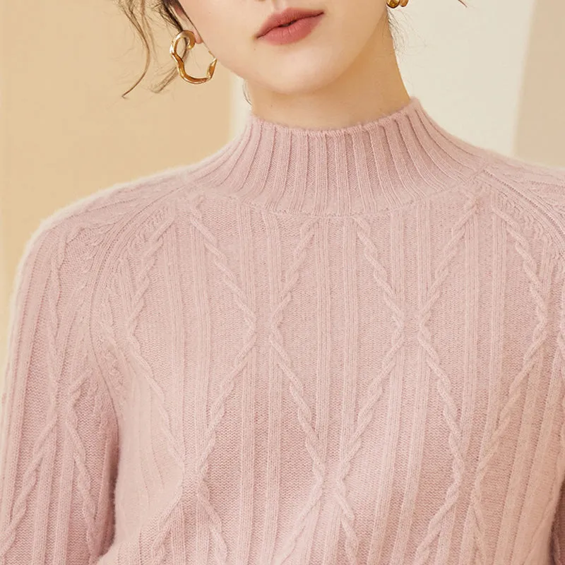 Cable Knit Cashmere Mock Neck Sweater For Women CP031