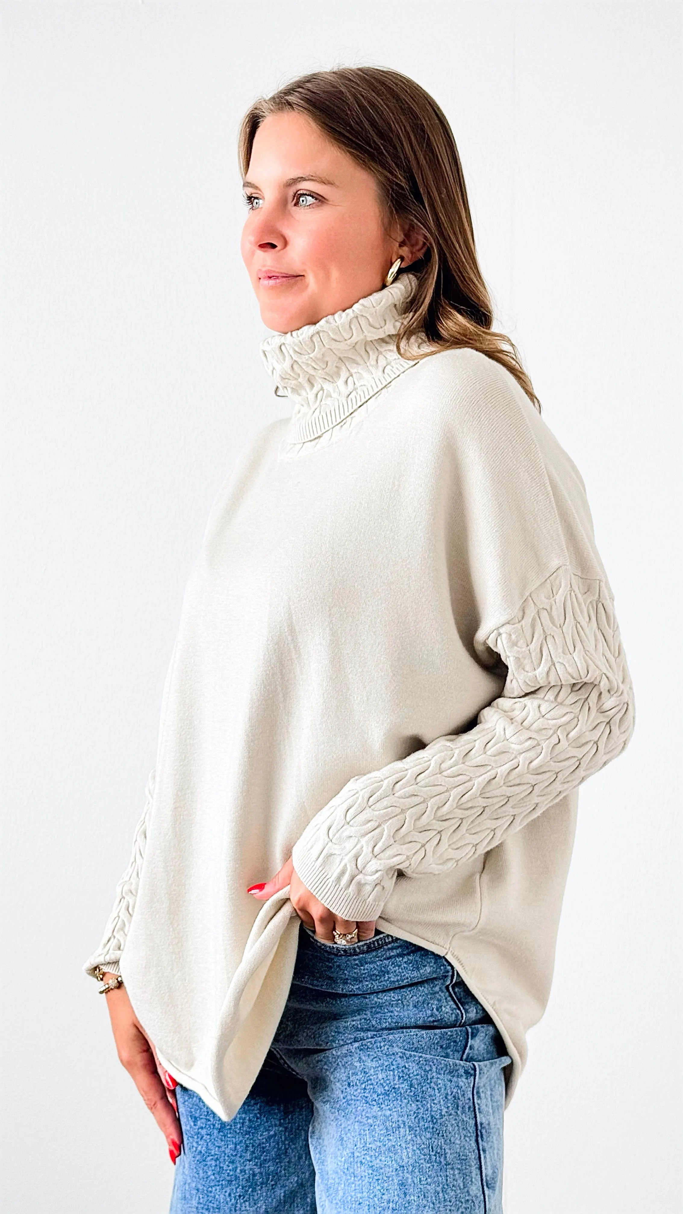 Cable Turtleneck Italian Sweater- Oyster