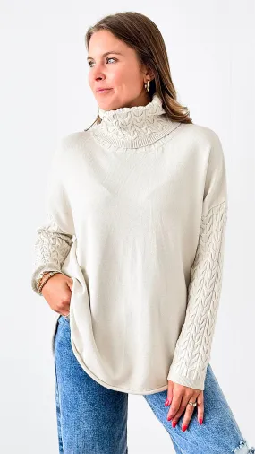 Cable Turtleneck Italian Sweater- Oyster