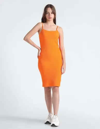 Calvin Klein Women Orange Square Neck Shoulder Strap Solid Polyester Pull On Strappy Bodycon Dress (XL)