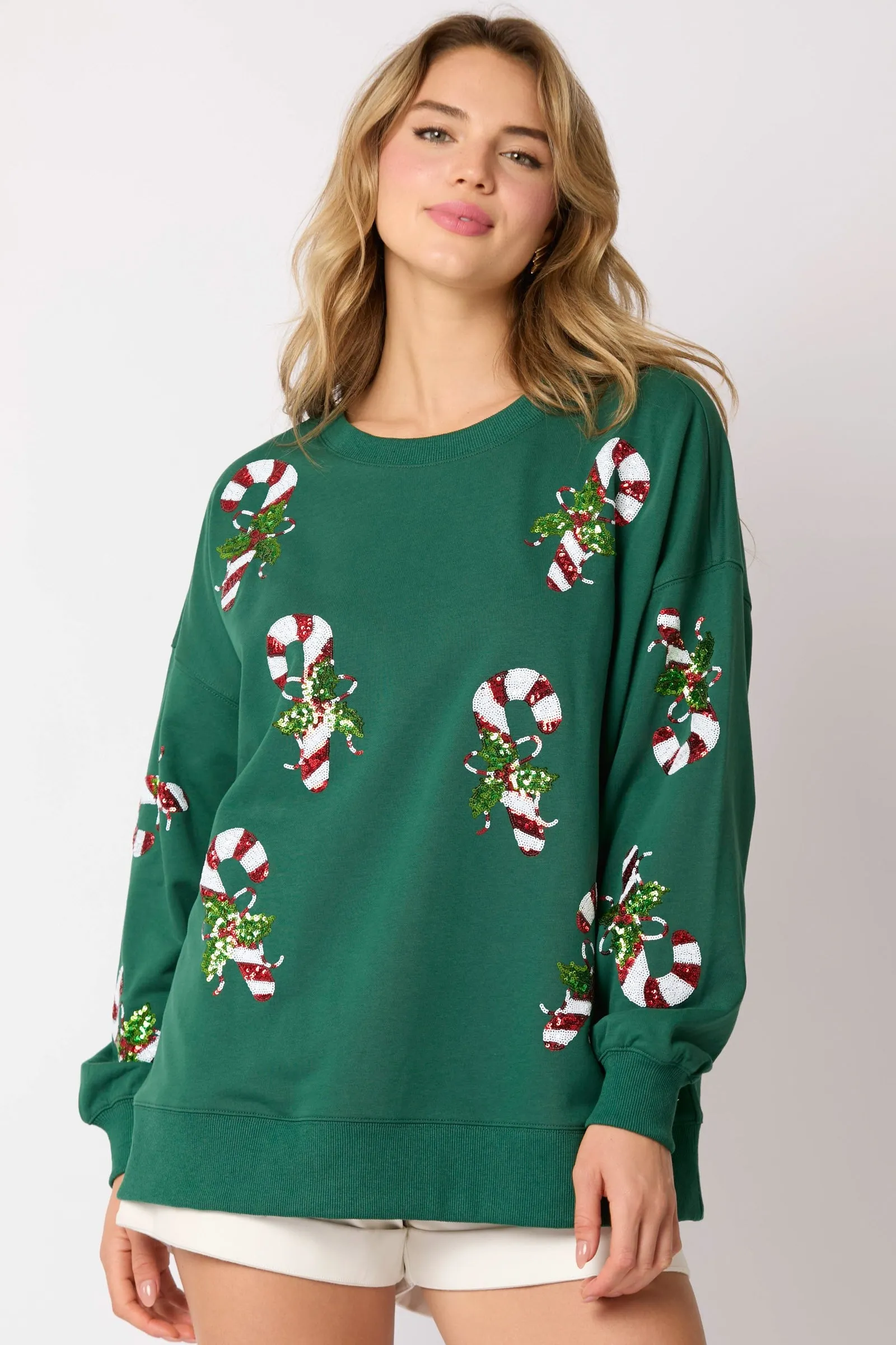 Candy Cane Sequine Long Sleeve Pullover Sweatshirt *FINAL SALE*