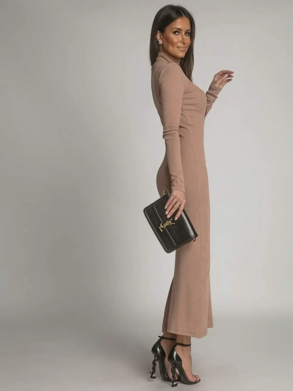 Cappuccino Ribbed Turtleneck Maxi Dress FG680