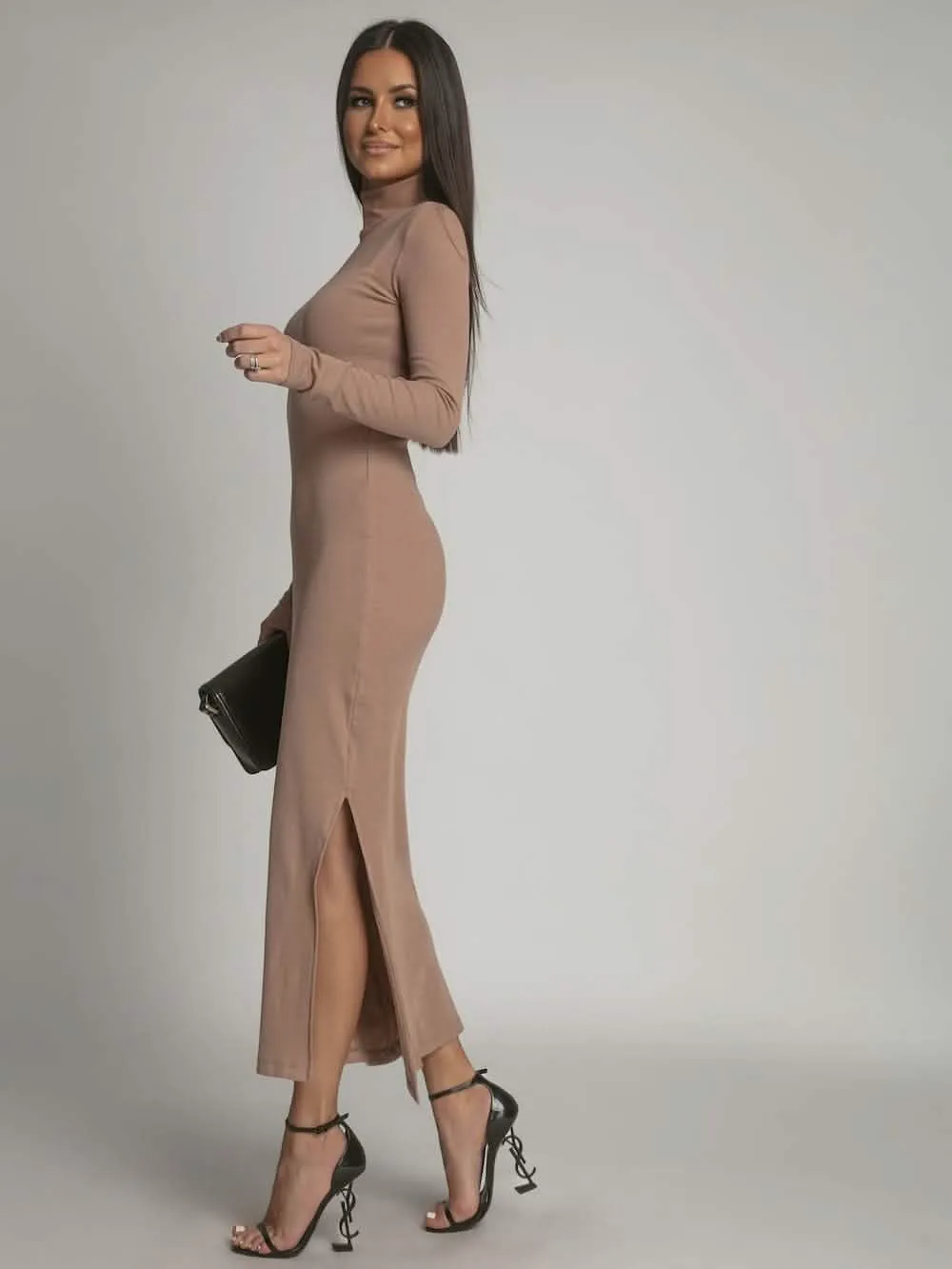 Cappuccino Ribbed Turtleneck Maxi Dress FG680