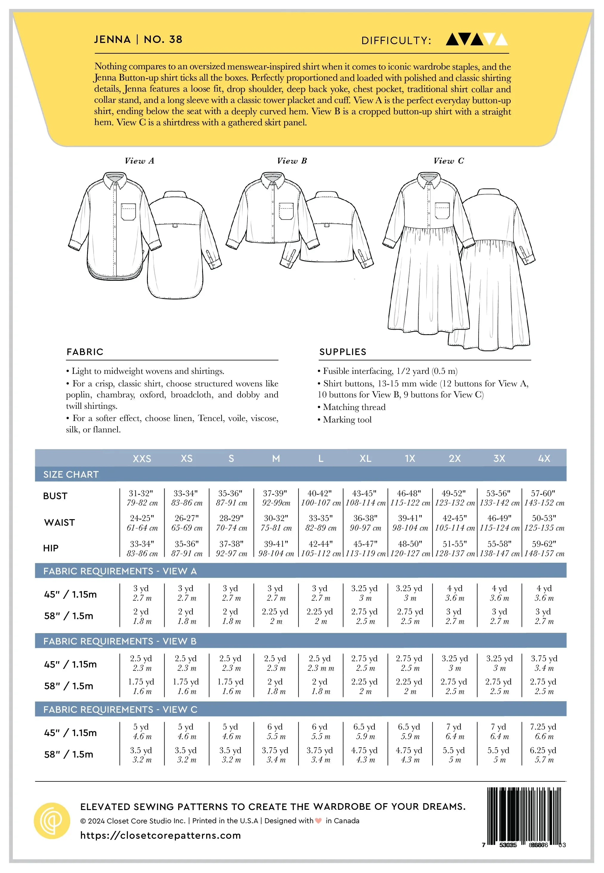 Closet Core Patterns, Jenna Shirt   Shirtdress Pattern