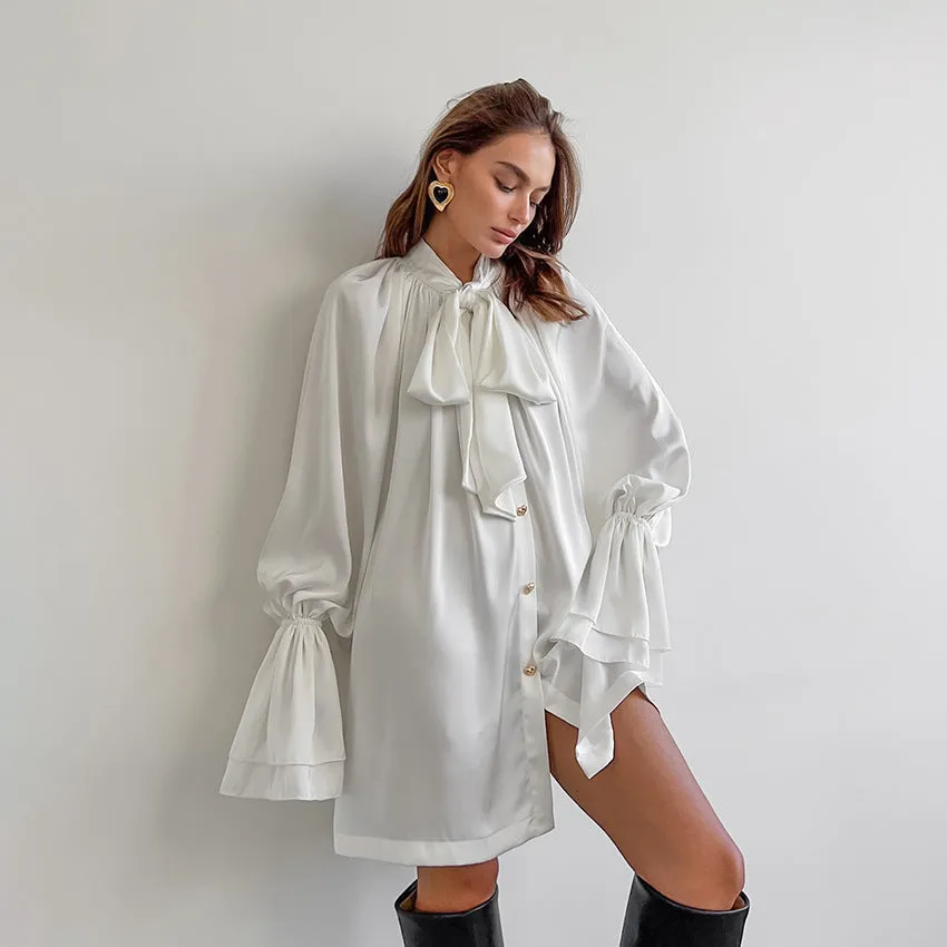 Elegant Thick Matte Satin Loose Tie Neck Flare Sleeve Shirt Dress