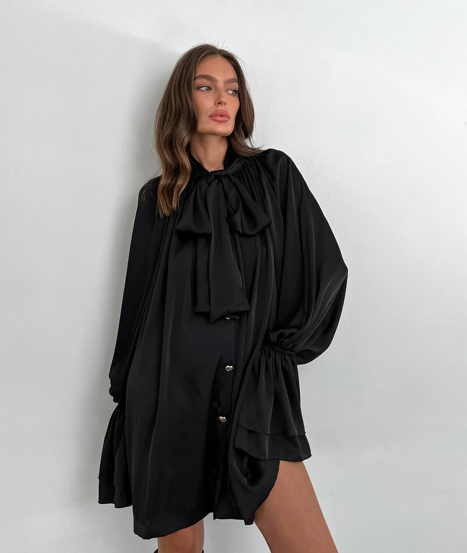 Elegant Thick Matte Satin Loose Tie Neck Flare Sleeve Shirt Dress