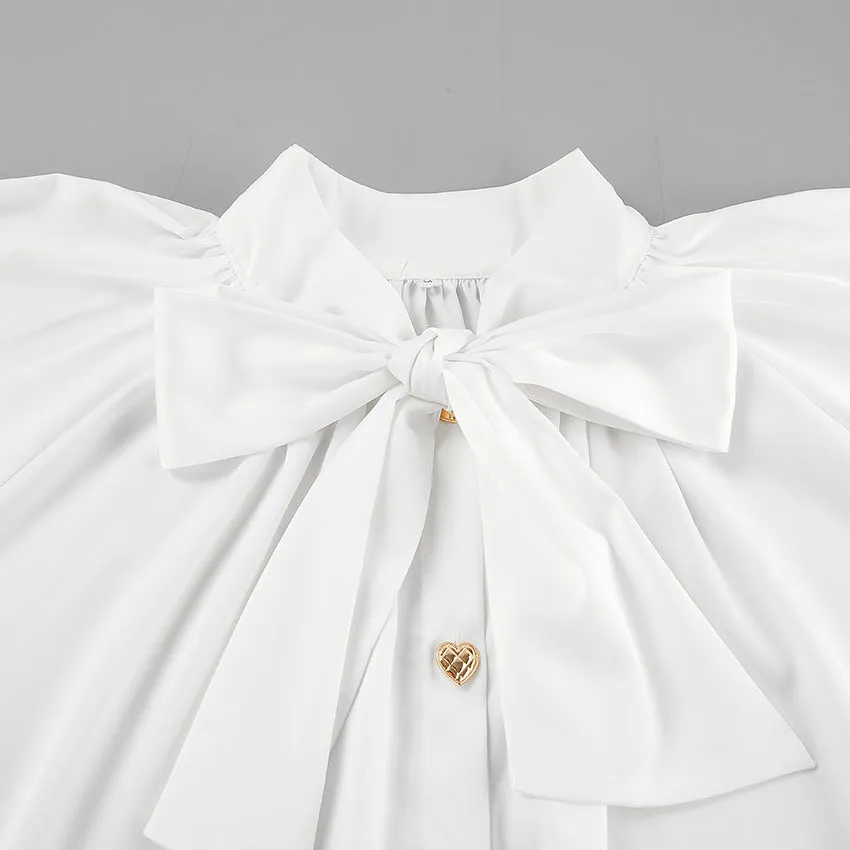 Elegant Thick Matte Satin Loose Tie Neck Flare Sleeve Shirt Dress