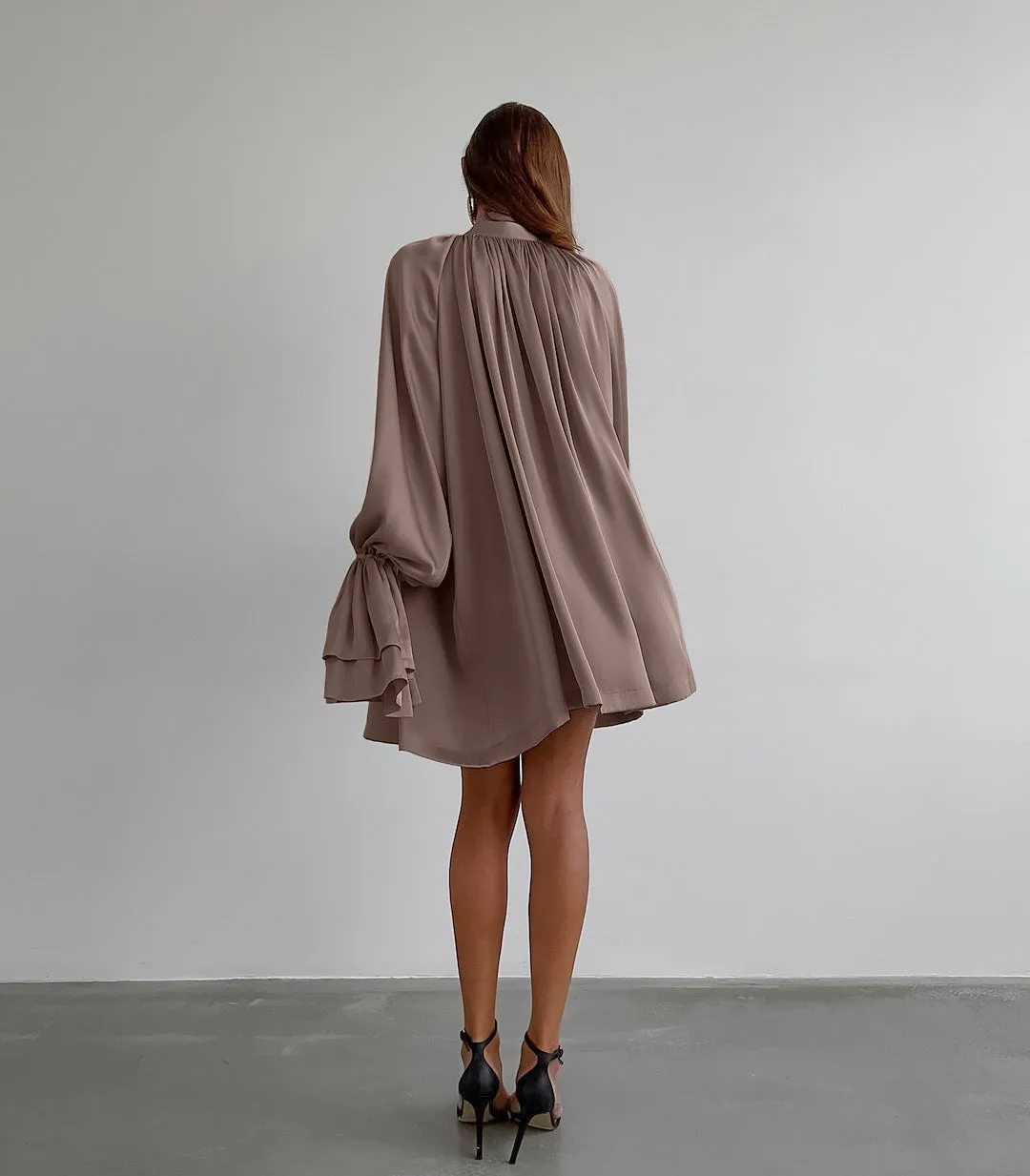 Elegant Thick Matte Satin Loose Tie Neck Flare Sleeve Shirt Dress