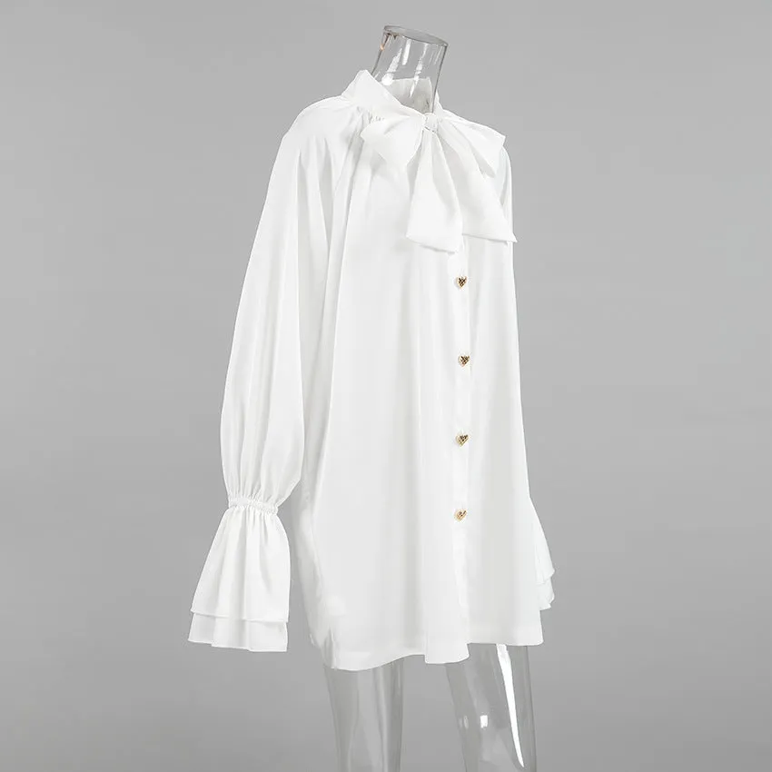Elegant Thick Matte Satin Loose Tie Neck Flare Sleeve Shirt Dress
