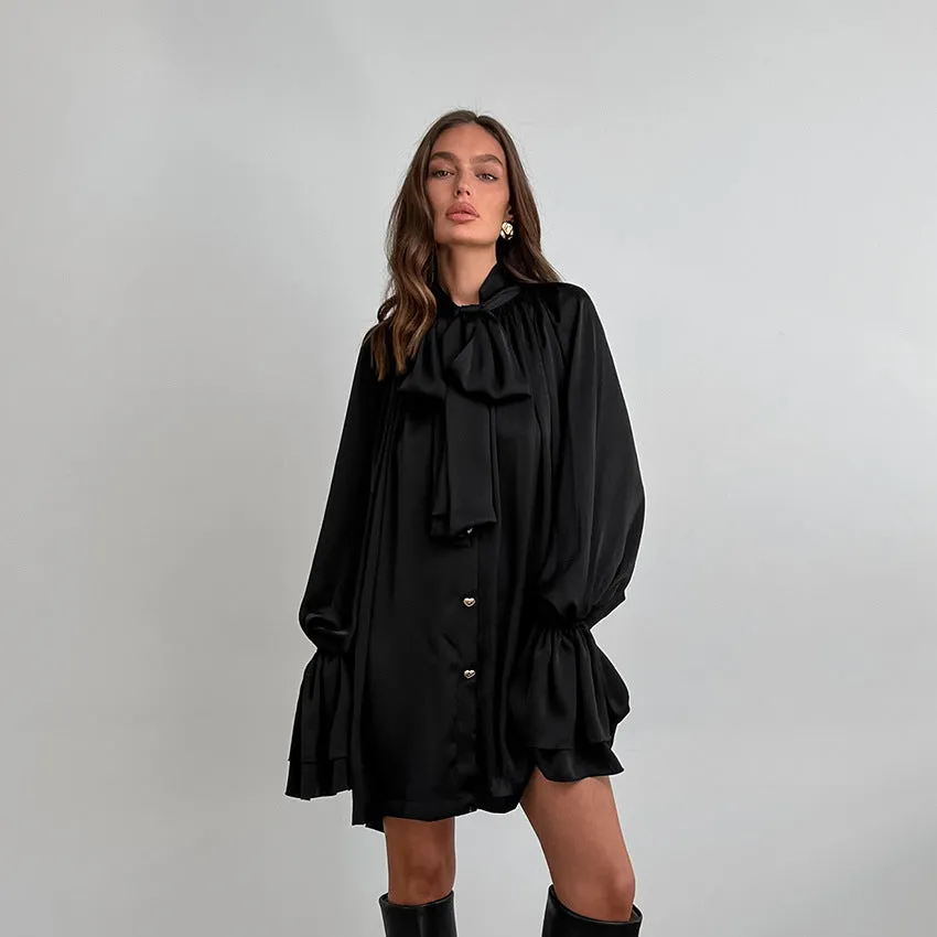 Elegant Thick Matte Satin Loose Tie Neck Flare Sleeve Shirt Dress