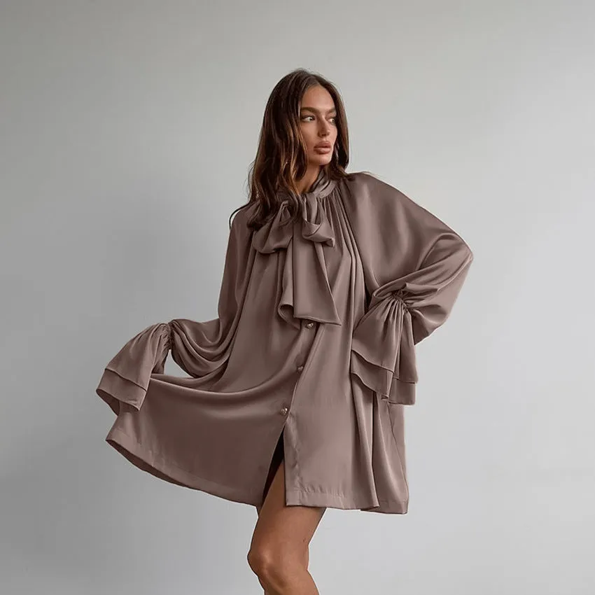 Elegant Thick Matte Satin Loose Tie Neck Flare Sleeve Shirt Dress