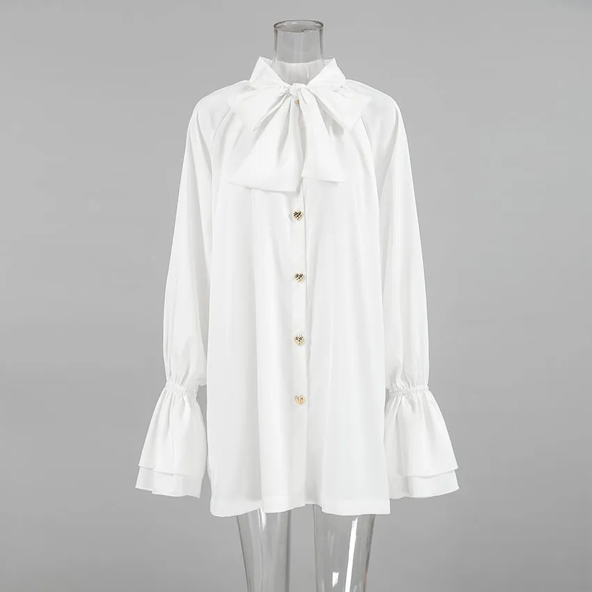 Elegant Thick Matte Satin Loose Tie Neck Flare Sleeve Shirt Dress