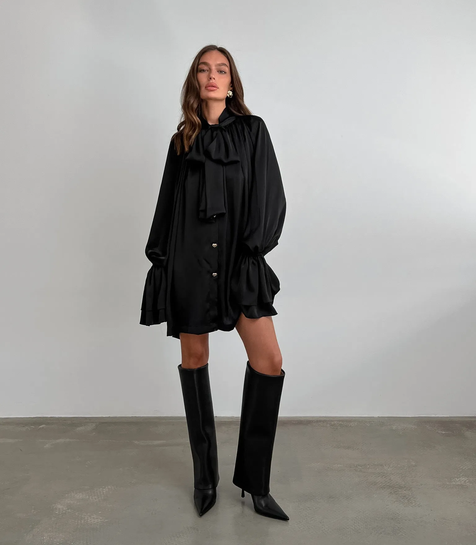 Elegant Thick Matte Satin Loose Tie Neck Flare Sleeve Shirt Dress