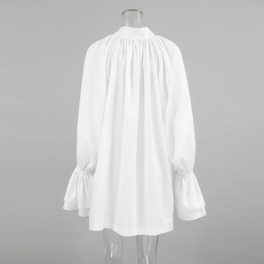 Elegant Thick Matte Satin Loose Tie Neck Flare Sleeve Shirt Dress