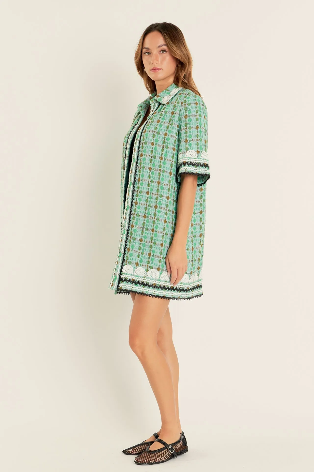 English Factory - Boucle Mini Shirt Dress With Ric Rac Trim