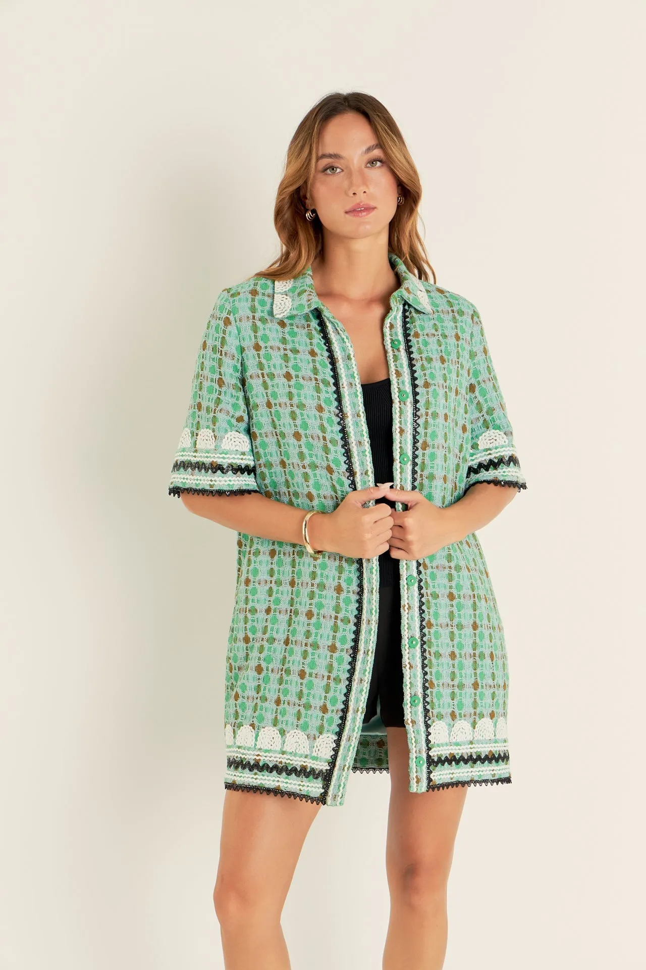 English Factory - Boucle Mini Shirt Dress With Ric Rac Trim
