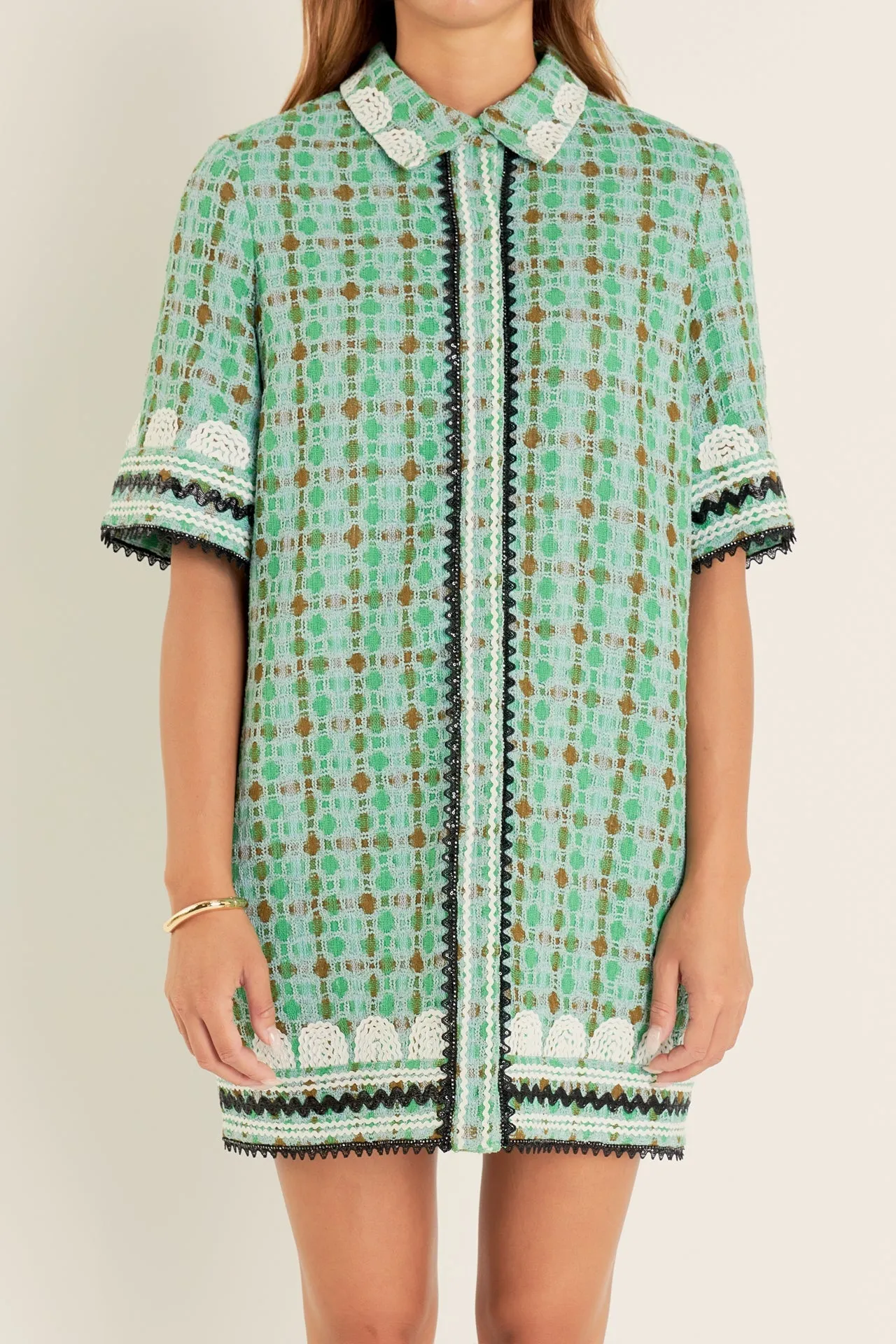 English Factory - Boucle Mini Shirt Dress With Ric Rac Trim