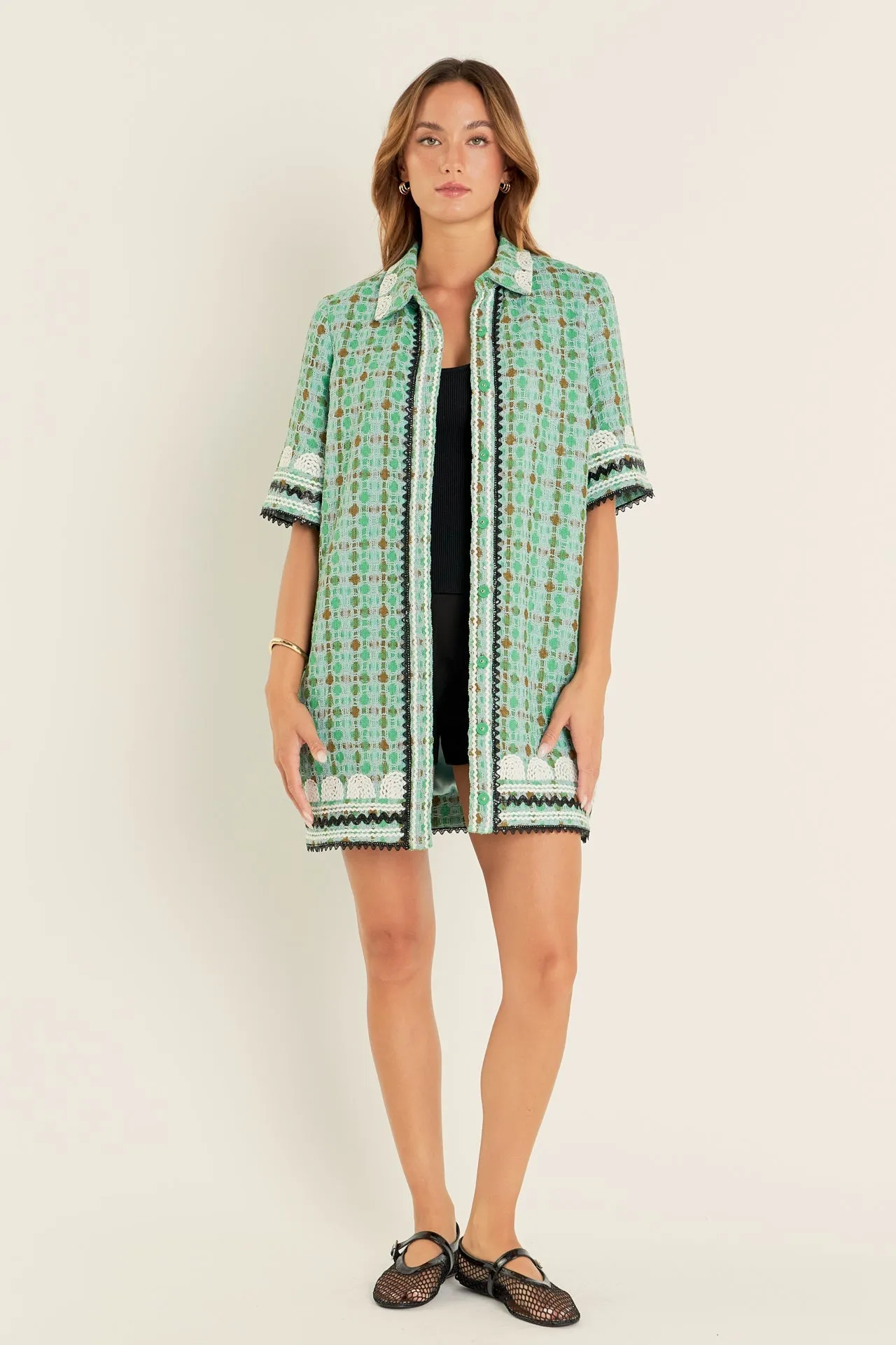 English Factory - Boucle Mini Shirt Dress With Ric Rac Trim